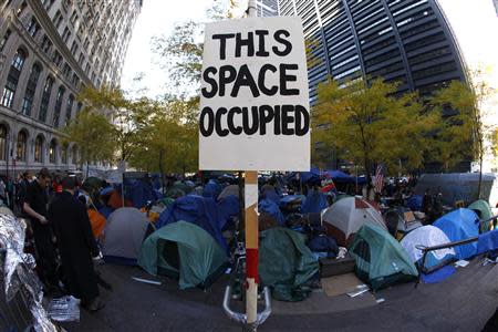 A view of the Occupy Wall Street encampment at Zuccotti Park in lower Manhattan in this November 10, 2011 file photo. As Occupy's two-year anniversary approaches on September 17, the movement that once captivated national attention has largely faded. REUTERS/Mike Segar/Files