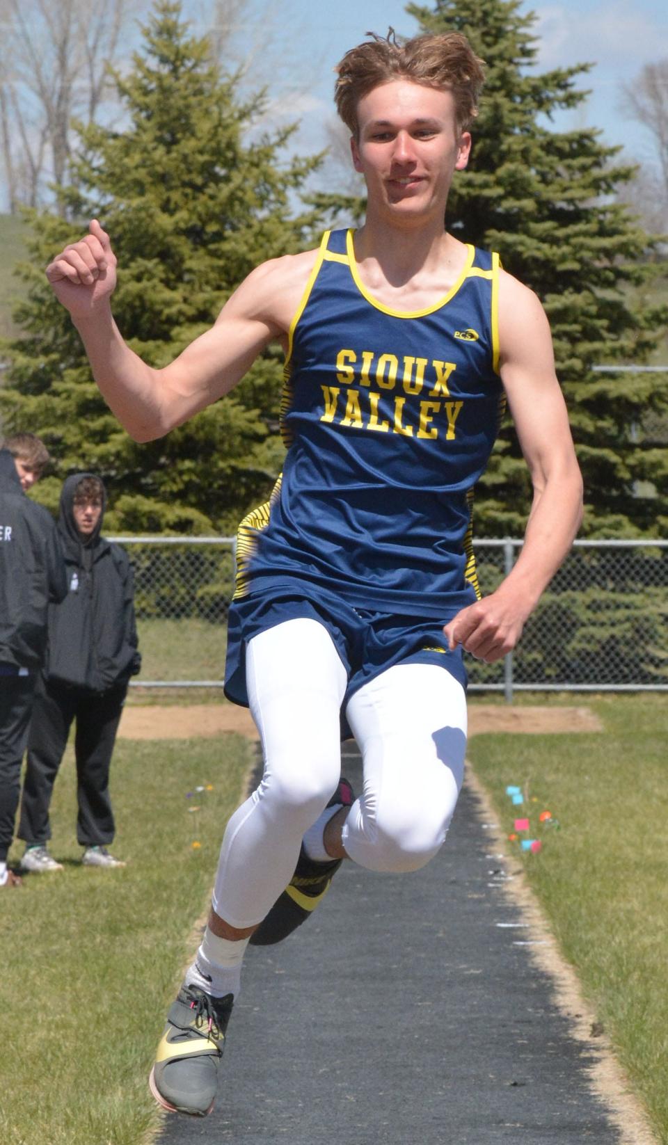 Sioux Valley's Braden Danzeisen leaps in the boys' long jump during the Estelline Alumni Track and Field meet on Tuesday, April 23, 2024.