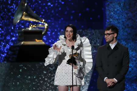 61st Grammy Awards - Show - Los Angeles, California, U.S., February 10, 2019 - Annie Clark and Jack Antonoff win Best Rock Song for "Masseduction" REUTERS/Mike Blake