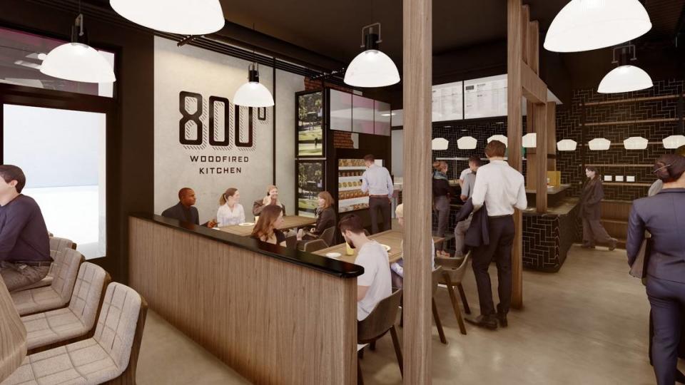 A rendering of the new 800º Woodfired Kitchen space at The Alley at Latta Arcade.