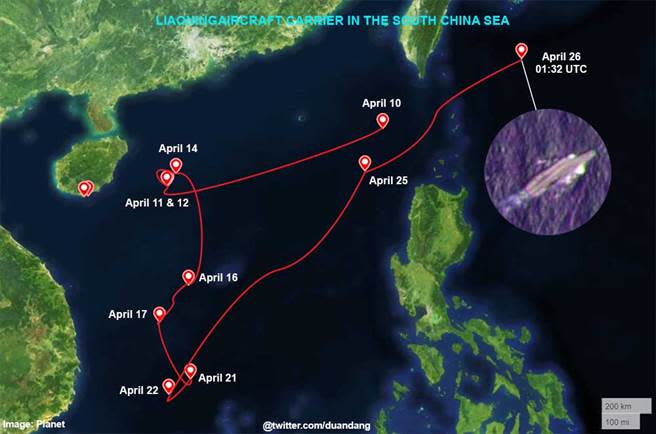 由行星實驗室公布的行星觀測衛星拍攝照片繪製的遼寧艦南海航跡圖，在2周內幾乎是繞遍了整個南海。（圖／推特@duandang)