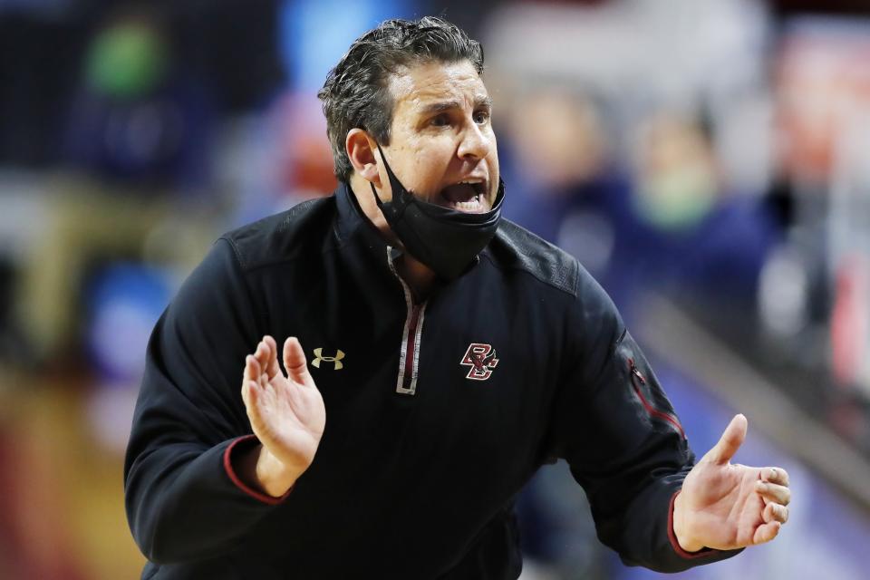 Boston College interim head coach Scott Spinelli reacts during the first half of an NCAA college basketball game against Notre Dame, Saturday, Feb. 27, 2021, in Boston. (AP Photo/Michael Dwyer)