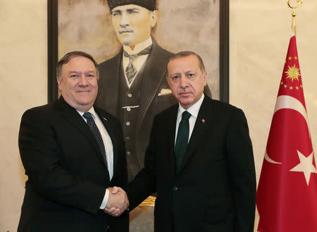 Turkish President Tayyip Erdogan meets with U.S. Secretary of State Mike Pompeo at Esenboga International Airport in Ankara, Turkey November 17, 2018. Murat Cetinmuhurdar/Presidential Press Office/Handout via REUTERS