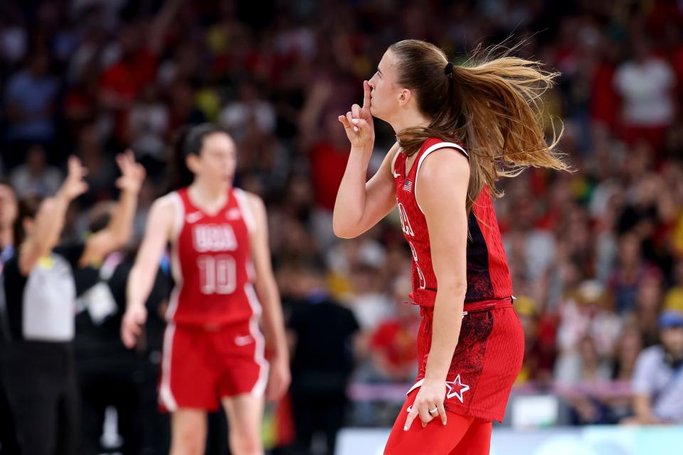 LILLE, FRANCE - AUGUST 01: Sabrina Ionescu #6 of Team United States makes quiet gesture towards the crowd during a Women's Basketball Group Phase - Group C game between the United States and Belgium on day six of the Olympic Games Paris 2024 at Stade Pierre Mauroy on August 01, 2024 in Lille, France. (Photo by Gregory Shamus/Getty Images)