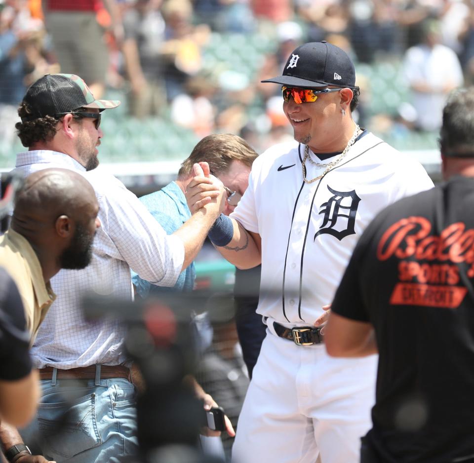 Detroit Tigers DH Miguel Cabrera (24) was honored for his 3,000 hits and 500 homers before the game against the Toronto Blue Jays Sunday, June 12, 2022. Cabrera was greeted by former teammates before the ceremony.