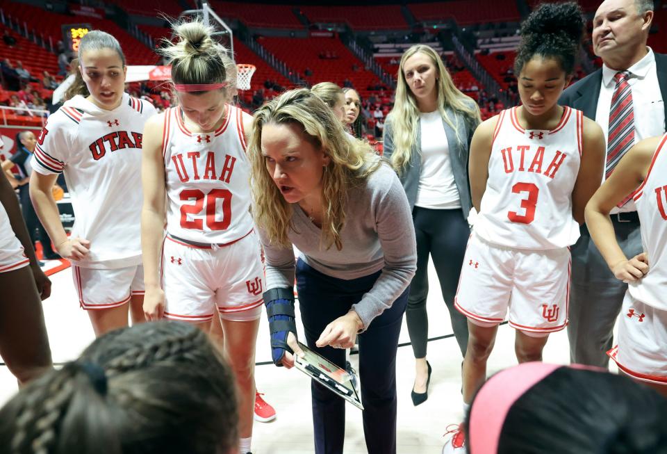 Utah head coach Lynne Roberts talks to her team during a timeout in a game against Mississippi Valley State at the Huntsman Center in Salt Lake City on Monday, Nov. 6, 2023. Utah won 104-45. | Kristin Murphy, Deseret News