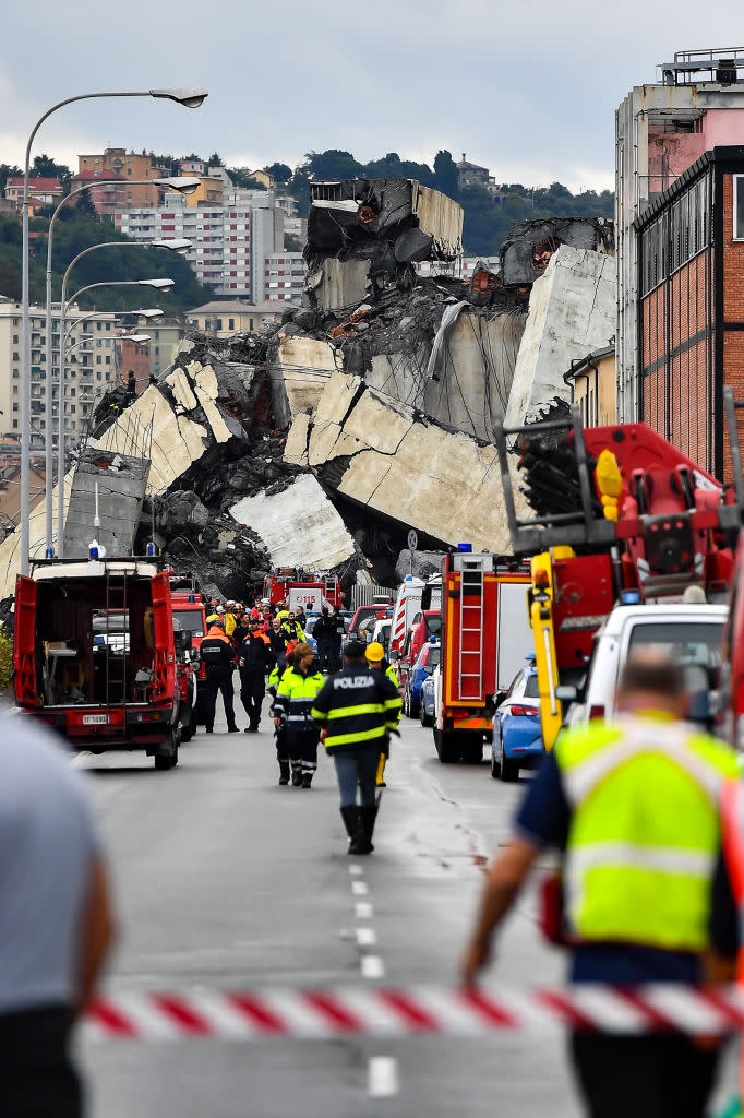 <p>A general view of the Morandi bridge which collapsed on Aug. 14, 2018 in Genoa, Italy. At at least 22 people have died when a large section of Morandi bridge built in the 1960s and part of the A10 motorway suddenly collapsed during a fierce storm sending vehicles falling up to 90m to the ground. (Photo from Paolo Rattini/Getty Images) </p>