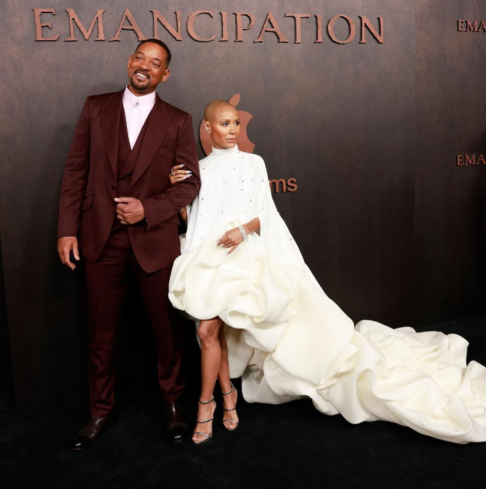 Jada Pinkett Smith wore a white ruffle train gown by Parisian couturier Stéphane Rolland (AFP via Getty Images)