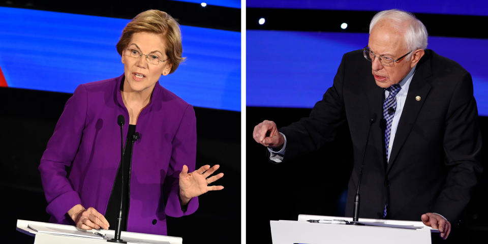 Democratic presidential hopefuls Massachusetts Senator Elizabeth Warren and Sen. Bernie Sanders, I-Vt. | Robyn Beck—AFP via Getty Images; Patrick Semansky—AP