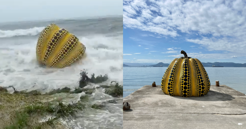 日本香川直島的知名地標南瓜，去年被颱風大浪打落海，時隔1年強化升級版原地復活。（翻攝自推特@ppdisundia、@bijutsutecho_）