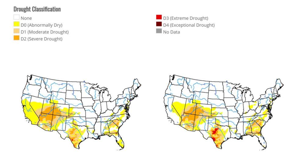 The map on the left shows dry and drought conditions spreading in California as of Nov. 12, 2019, while the map on the right shows drought conditions across the country just a week earlier, on Nov. 5, 2019