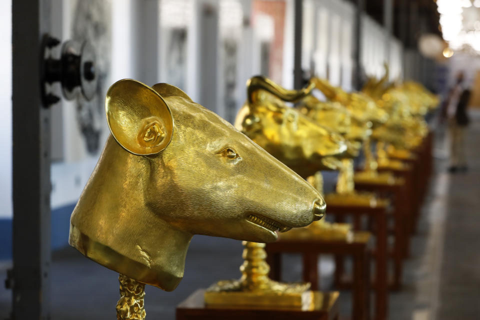 A view of dissident Chinese artist Ai Weiwei's work "Circle of Animals/Zodiac Heads" on display during a press preview of his new exhibition "Rapture" in Lisbon, Thursday, June 3, 2021. The world-renowned artist is putting on the biggest show of his career, and he is doing it in a place he's fallen in love with: Portugal. (AP Photo/Armando Franca)