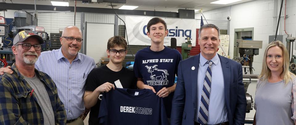 During the stop at Alfred State near the end of the 2024 spring semester, first-year student Derek Correa reconnects with classmates and college leaders. Correa was critically injured last fall during an attack on the college campus.