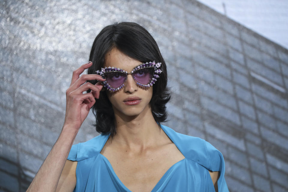 A model wears a creation for the Vivienne Westwood Spring-Summer 2022 ready-to-wear fashion show presented in Paris, Saturday, Oct. 2, 2021. (Photo by Vianney Le Caer/Invision/AP)