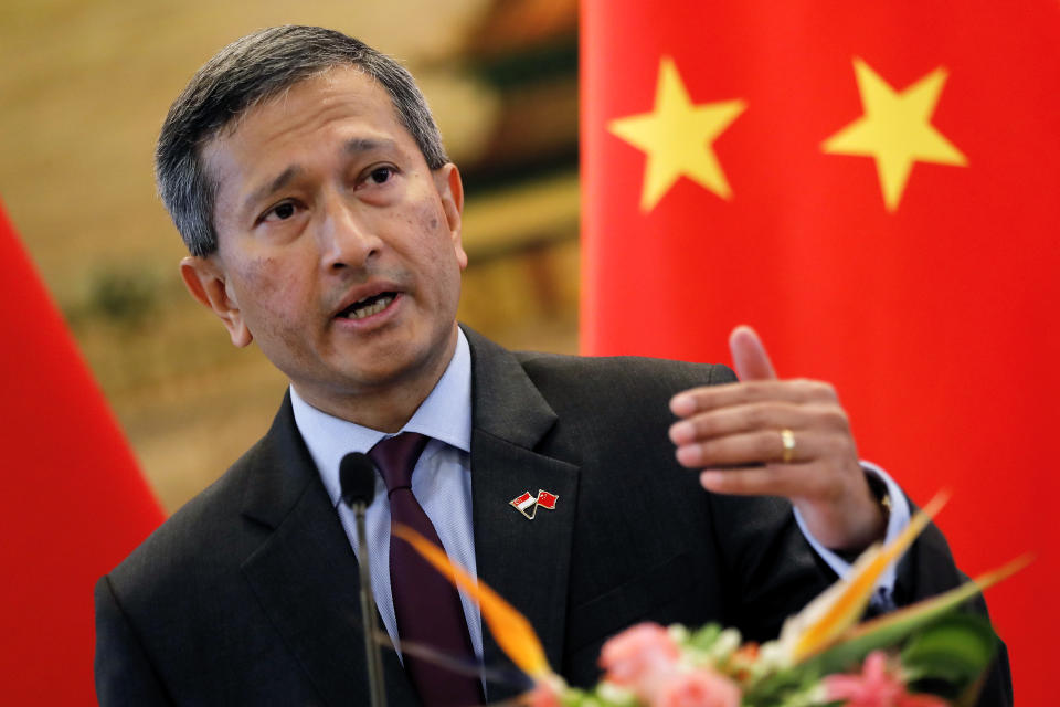 Singapore’s Foreign Minister Vivian Balakrishnan speaking in Beijing on 12 June 2017. (Photo: AP)