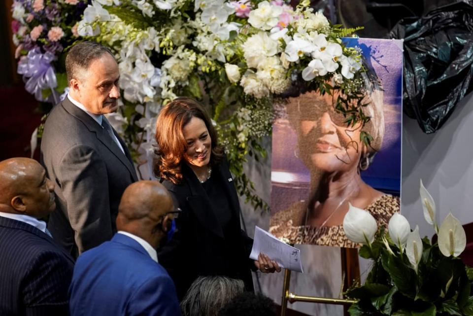 <div class="inline-image__caption"><p>U.S. Vice President Kamala Harris and her husband Douglas Emhoff arrive for the funeral service for Ruth Whitfield in Buffalo, New York.</p></div> <div class="inline-image__credit">KEVIN LAMARQUE</div>