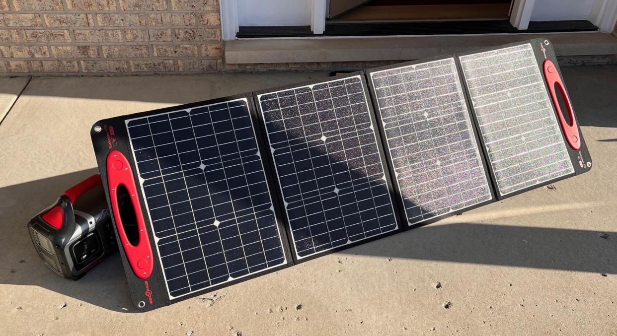 A Rockpals solar kit shown collecting sunlight.