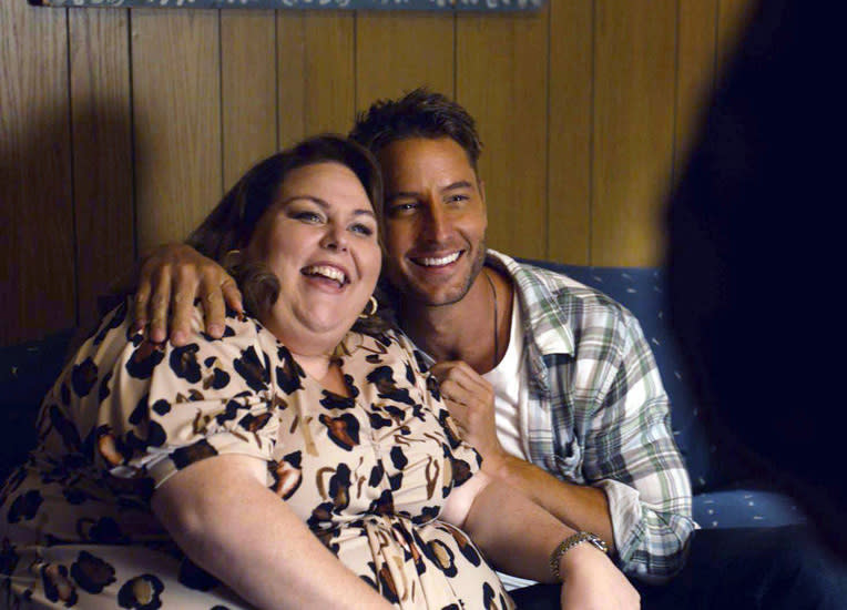 This image released by NBC shows Chrissy Metz as Kate, left, and Justin Hartley as Kevin, in a scene from "This Is Us." The fifth season of the popular series premieres on Tuesday. (NBC via AP)