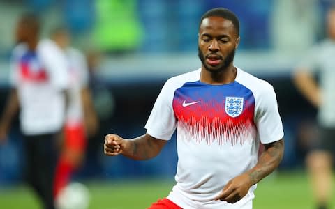 Raheem Sterling of England warms up prior to the 2018 FIFA World Cup Russia group G match between Tunisia and England at Volgograd Arena on June 18, 2018 in Volgograd, Russia - Credit: Robbie Jay Barratt - AMA/Getty Images