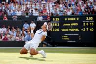 Canada's Vasek Pospisil celebrates winning his third round match Mandatory Credit: Action Images / Andrew Couldridge Livepic