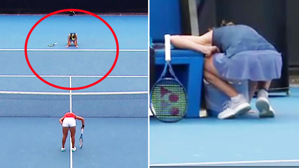 Kaja Juvan, pictured here collapsing and throwing up after her win at the Australian Open.