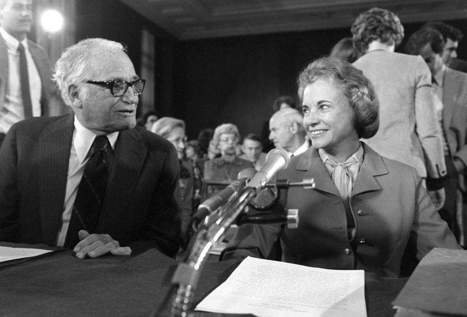 Sen. Barry Goldwater, R-AZ, and Supreme Court nominee Judge Sandra Day O'Connor talk prior to the start of her confirmation hearings before the Senate Judiciary Committee on Sept. 9, 1981.