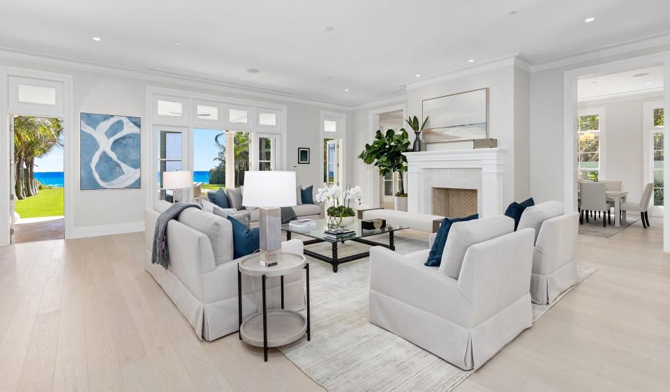 The living room affords a direct-ocean view at 2315 S. Ocean Blvd. in Palm Beach. The house has entered the market with a price of $78.5 million.