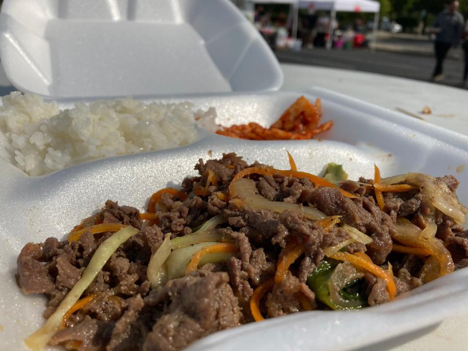 Beef bulgogi with steamed rice and kimchi from So Gong Dong Tofu and Korean BBQ at the Saraga international food festival at 8448 Center Run Dr in Castleton on Sunday, Sept. 17.