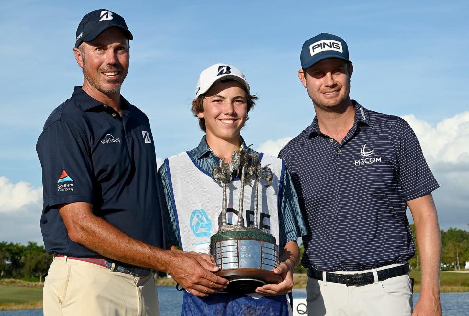 Matt Kuchar (left) and Harris English (right), shown here with Kuchar's sone and caddy Cameron after winning the 2020 QBE Shootout, will return for this year's event. set for Dec. 7-11 at the Tiburon Golf Club in Naples.