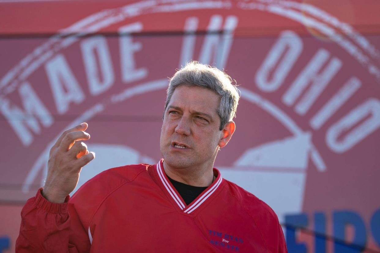 Ohio Democratic Senate hopeful Rep. Tim Ryan speaks at a campaign stop in the parking lot of Little Bear Golf Club on November 3, 2022 in Lewis Center, Ohio.