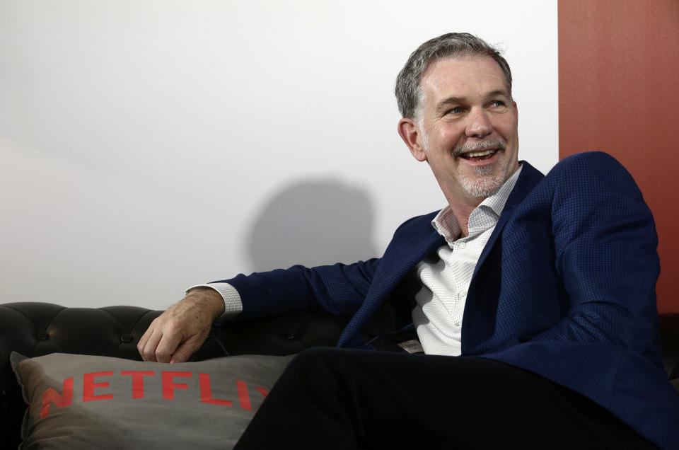 Founder and CEO of Netflix Reed Hastings smiles during an interview with The Associated Press in Barcelona, Spain, Tuesday, Feb. 28, 2017. ﻿Netflix employees were personally affected by U.S. President Donald Trump's attempt to ban people entering from seven Muslim countries, its CEO said Tuesday. (AP Photo/Manu Fernandez)