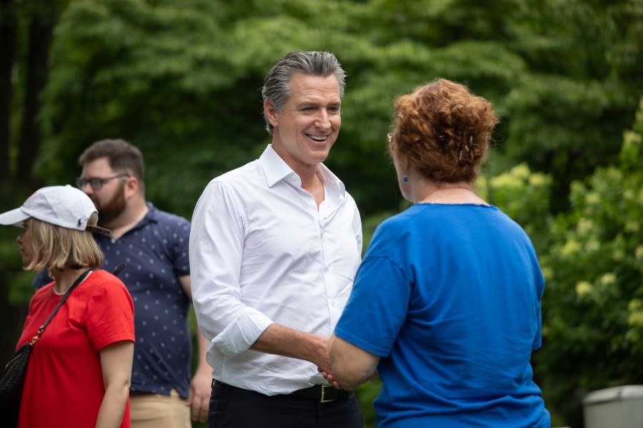 SOUTH HAVEN, MICHIGAN – JULY 4: California Gov. Gavin Newsom campaigns for President Joe Biden at the Van Buren County Democratic Party’s “BBQ for Biden-Harris” event on July 4, 2024 in South Haven, Michigan. Gov. Newsom’s name has been mentioned as a possible replacement for President Biden should the President decide to not run for re-election following his recent debate performance against former President Donald Trump.(Photo by Bill Pugliano/Getty Images)