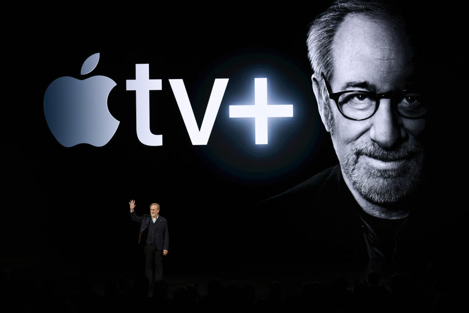 Filmmaker Steven Spielberg speaks during an Apple product launch event at the Steve Jobs Theater at Apple Park on March 25, 2019 in Cupertino, California (Getty)