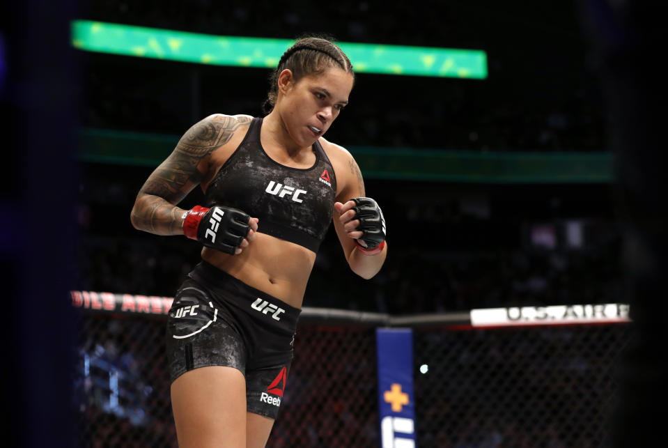 UFC women's bantamweight champion Amanda Nunes enters the Octagon for a title defense against Germaine de Ranamie during UFC 245 at T-Mobile Arena on December 14, 2019 in Las Vegas, Nevada. Nunes retained her title by unanimous decision.  (Photo by Steve Marcus/Getty Images)