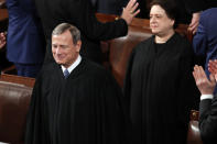 Chief Justice of the United States John Roberts and Supreme Court Associate Justice Elena Kagan arrive before President Donald Trump delivers his State of the Union address to a joint session of Congress on Capitol Hill in Washington, Tuesday, Feb. 4, 2020. (AP Photo/J. Scott Applewhite)