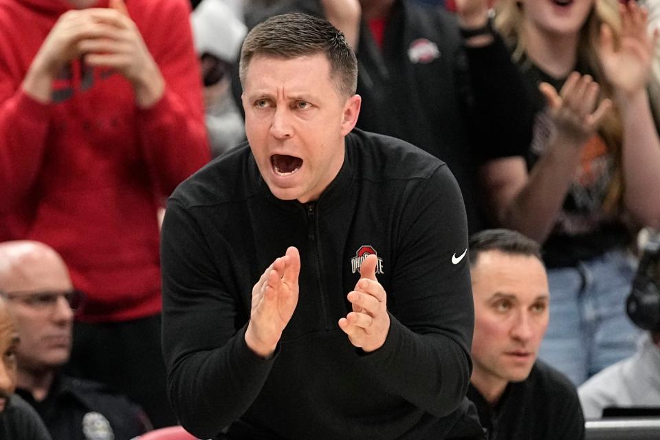 Ohio State interim head coach Jake Diebler shouts in the first half of an NCAA college basketball game against Purdue, Sunday, Feb. 18, 2024, in Columbus, Ohio. (AP Photo/Sue Ogrocki)