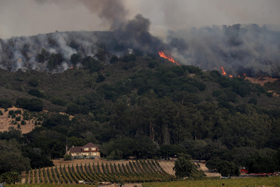 <p>An out of control wildfire approaches Gundlach Bundschu Winery on Oct. 9, 2017 in Sonoma, California. (Photo: Justin Sullivan/Getty Images) </p>