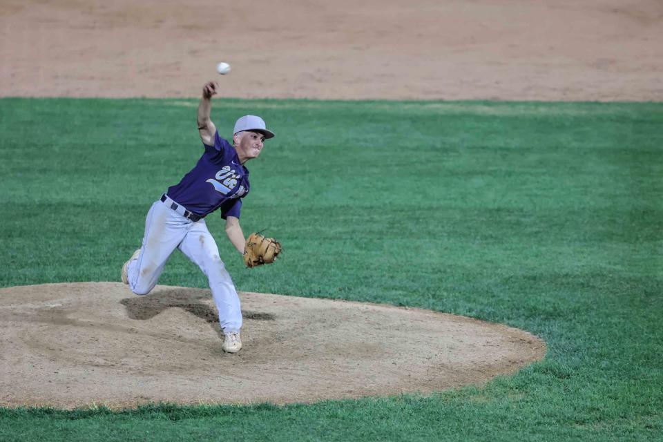 Cape Henlopen relief pitcher Owen Daminger (1) throws during the seventh inning of the DIAA Baseball Tournament semifinal game between Cape Henlopen and Saint Mark’s Saturday at Frawley Stadium.