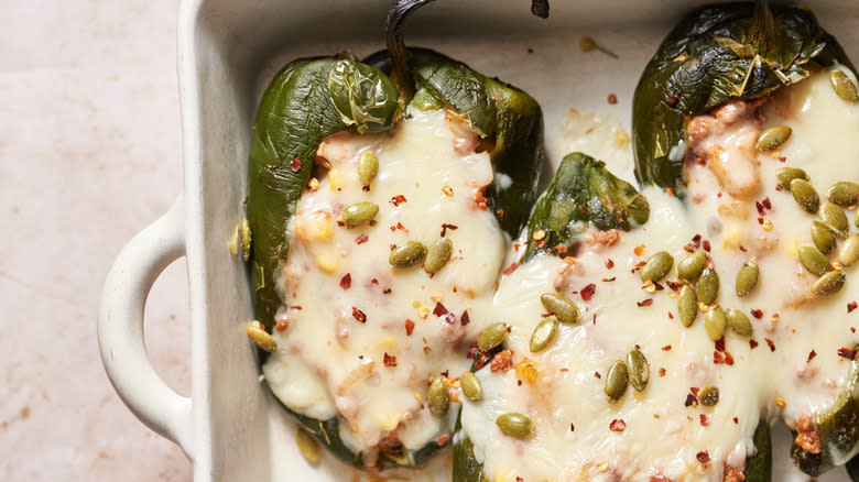 stuffed peppers in casserole dish