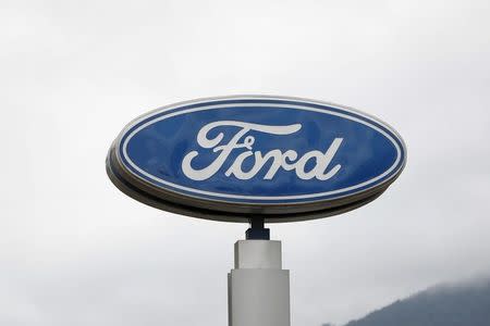 The corporate logo of Ford is seen at a Ford branch in Caracas March 27, 2015. REUTERS/Carlos Garcia Rawlins/Files