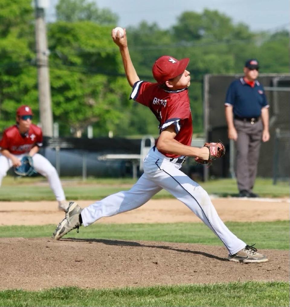 Gibault’s Brady Biffar delivers a pitch during a game this season. Biffar will start Saturday’s state championship game. Provided