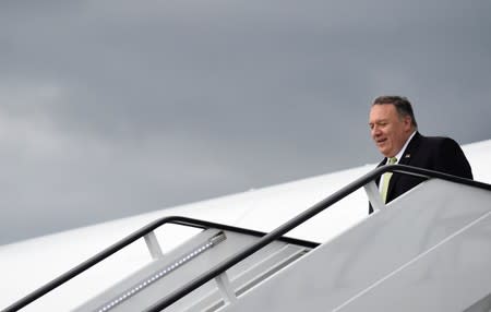 U.S. Secretary of State Mike Pompeo arrives at Stansted Airport near London