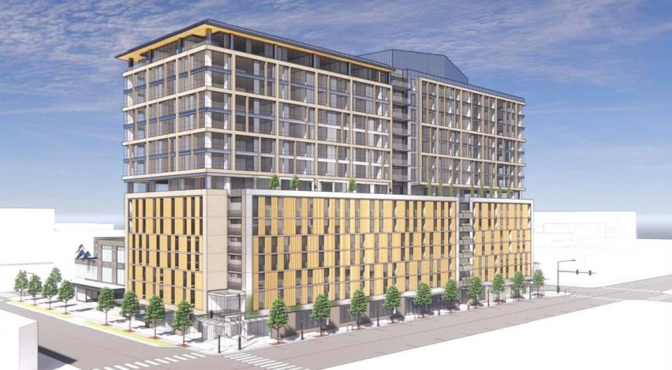 This architect’s rendering shows the 15 -story apartment building proposed on what’s called Block 68 South, which is the southern half of the block along the north side of Jefferson Street between 10th and 11th streets. Jefferson crosses most of the lower front of this rendering, with 10th Street at left and 11th at right.