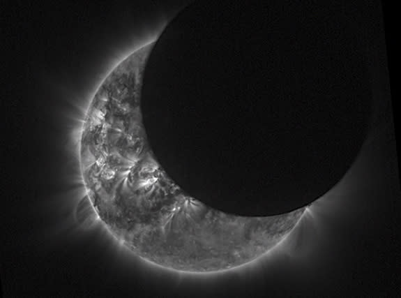 This view from space of a solar eclipse was captured on April 29, 2014 by the European Space Agency's Proba-2 satellite. The same satellite will observe the total solar eclipse of March 20, 2015.