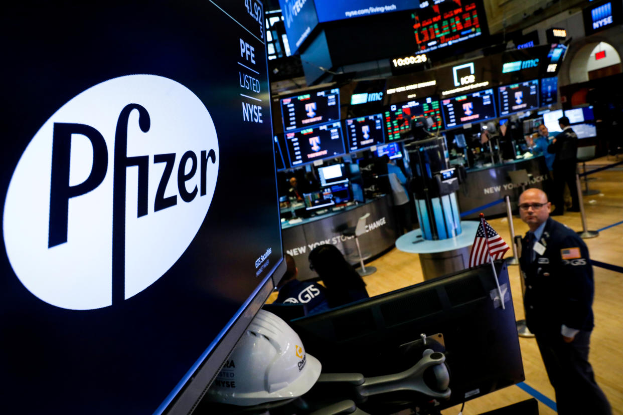 A logo for Pfizer is displayed on a monitor on the floor at the New York Stock Exchange (NYSE) in New York, U.S., July 29, 2019. REUTERS/Brendan McDermid
