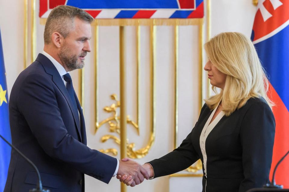 Slovak President Zuzana Caputova and President-elect Peter Pellegrini meet following the shooting of Slovak Prime Minister Robert Fico (via REUTERS)