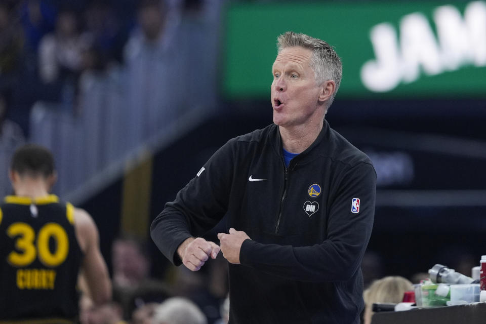 Golden State Warriors head coach Steve Kerr gestures during the first half of an NBA basketball game against the Memphis Grizzlies, Wednesday, March 20, 2024, in San Francisco. (AP Photo/Godofredo A. Vásquez)