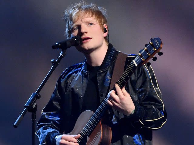 <p>Karwai Tang/WireImage</p> Ed Sheeran performs during The BRIT Awards in February 2022 in London
