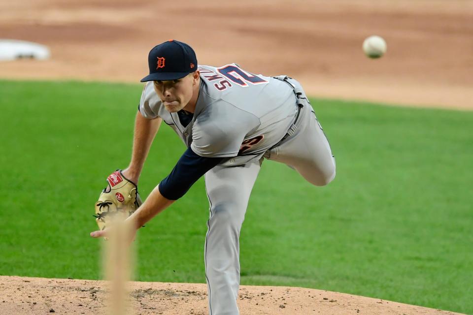 Detroit Tigers starter Tarik Skubal delivers a pitch during the first inning of a baseball game against the Chicago White Sox on Tuesday, Aug. 18, 2020, at Guaranteed Rate Field in Chicago.