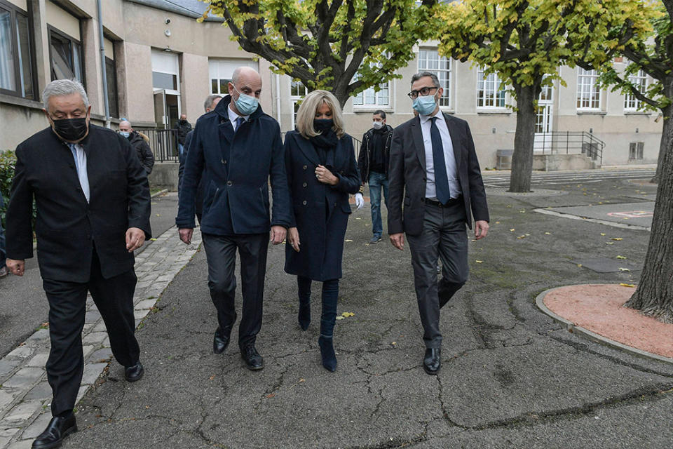 Brigitte Macron at Jules Ferry School in Ormesson-sur-Marne in France. - Credit: AP